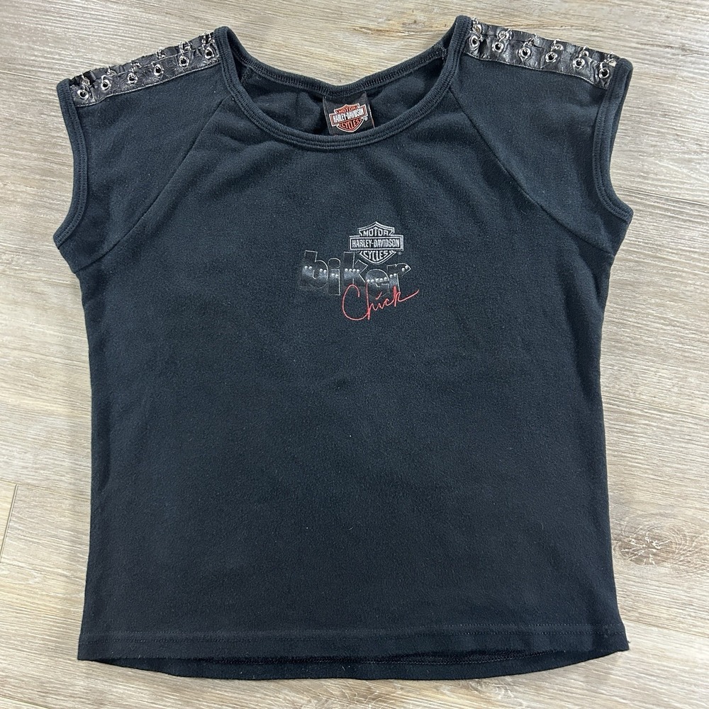 VTG Harley Davidson‎ X-Large Black Biker Chick  Chainlink Shoulders Baby Tee USA